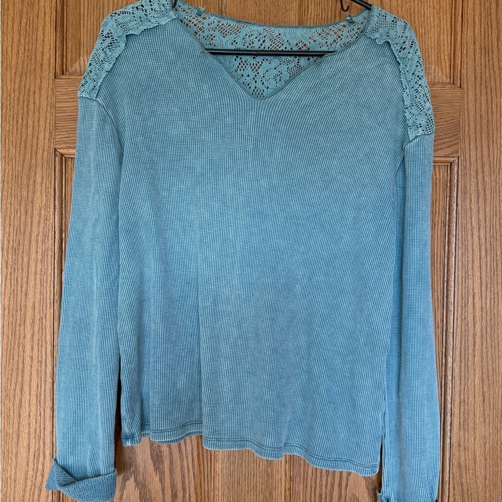 Knox Rose Teal Lace Accent Blouse